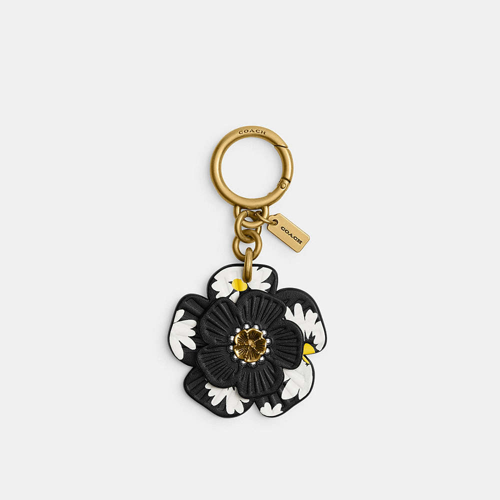 Coach Tea Rose Bag Charm With Floral Print In Gold