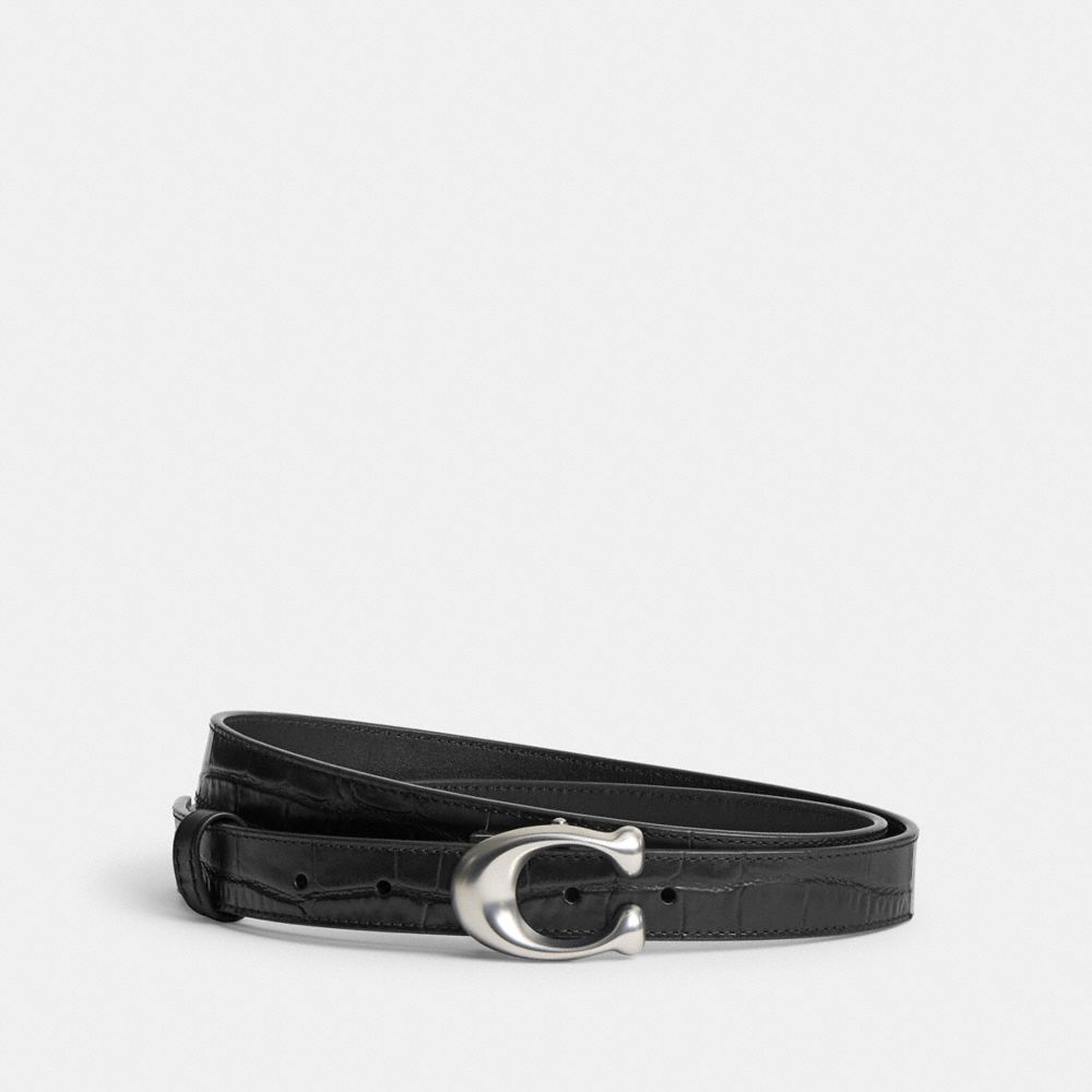 COACH®,SCULPTED SIGNATURE BUCKLE REVERSIBLE BELT, 25MM,Embossed Croc,Silver/Black,Front View