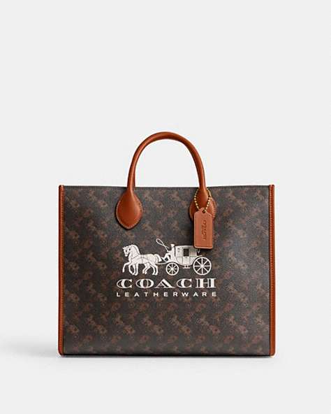 COACH®,ACE TOTE BAG 35 WITH HORSE AND CARRIAGE PRINT,X-Large,Brass/Truffle Burnished Amber,Front View