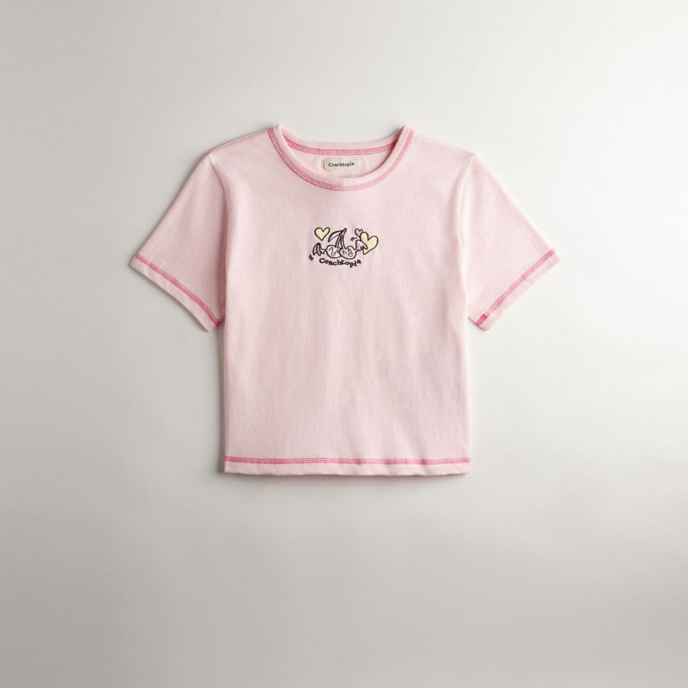 COACH®,Cropped Tee: Flying Cherries,cotton,Cherry Print,Light Pink Multi,Front View