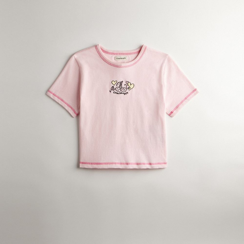 COACH®,Cropped Tee: Flying Cherries,Cherry Print,Light Pink Multi,Front View image number 0