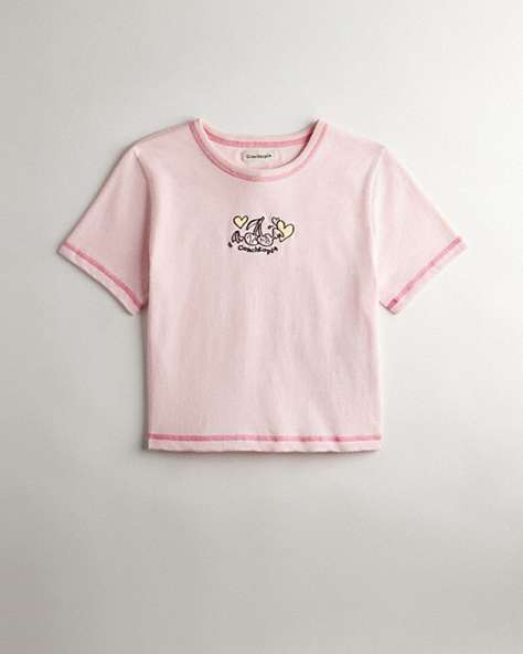 COACH®,Cropped Tee: Flying Cherries,Cherry Print,Light Pink Multi,Front View