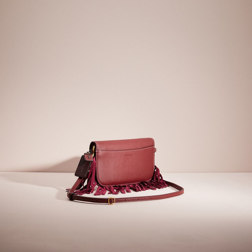 COACH®,Upcrafted Clutch,Leather,Clutch,Embellished,Studded,Logo,Fringe,Casual,Maroon,Angle View