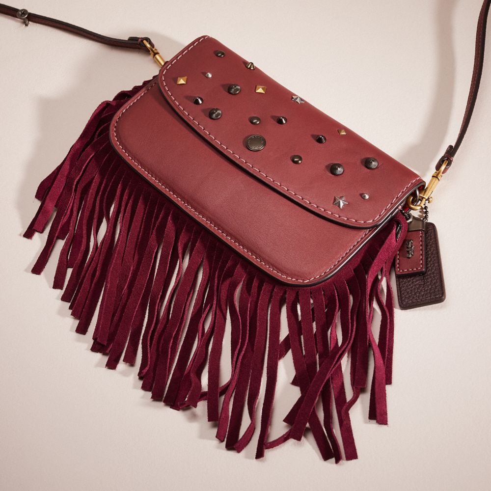 COACH®,Upcrafted Clutch,Leather,Clutch,Embellished,Studded,Logo,Fringe,Casual,Maroon,Closer View