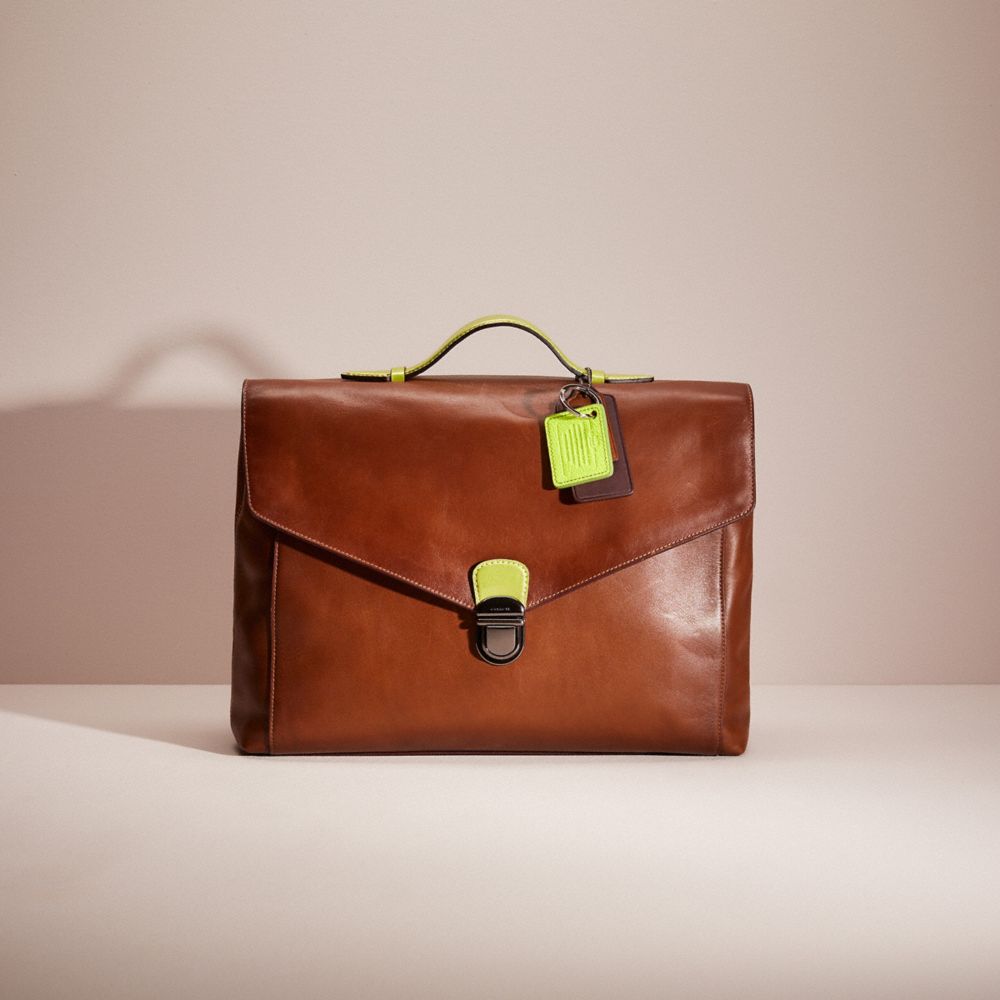 COACH®,UPCRAFTED METROPOLITAN SOFT PUSH LOCK BRIEF,Leather,Medium,Gunmetal/Saddle,Front View