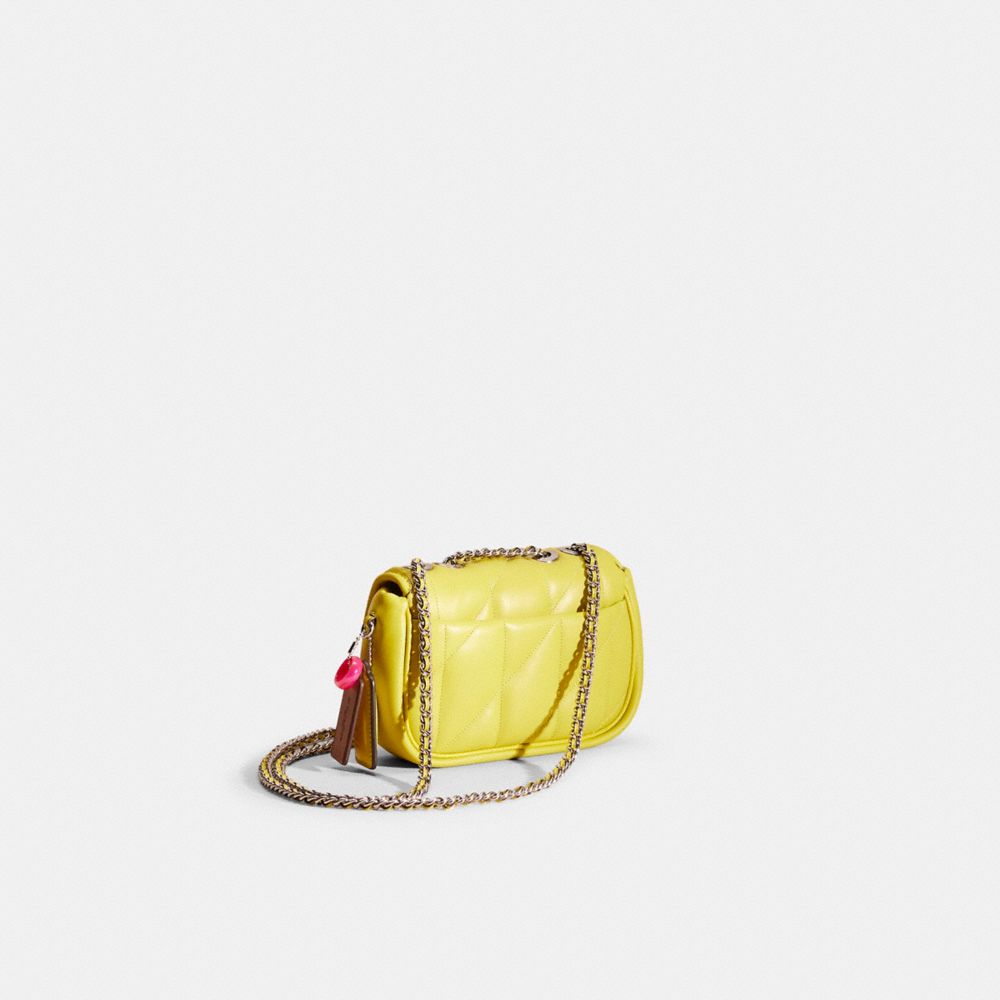 COACH®,Upcrafted Pillow Madison Shoulder Bag 18 With Quilting,Leather,Shoulder Bag,Chain Detail,Embossed,Metal,Logo,Silver...,Yellow,Angle View