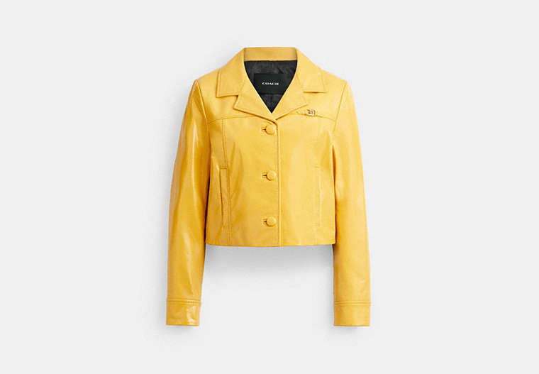 COACH®,HERITAGE C PATENT LEATHER JACKET,Yellow,Front View