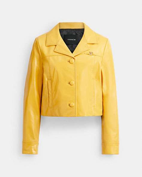 COACH®,HERITAGE C PATENT LEATHER JACKET,Yellow,Front View