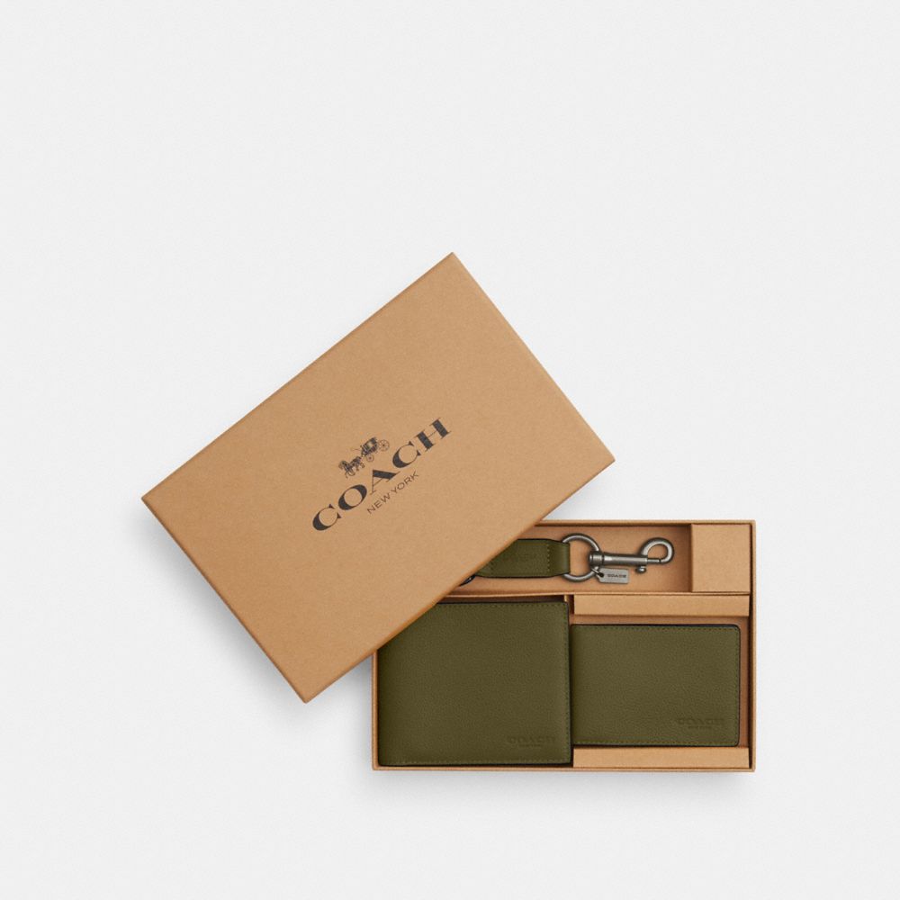 COACH®,Boxed 3-In-1 Wallet Gift Set,Leather,Bi Fold,Lanyard Key Chain,Gunmetal,Casual,Olive,Front View