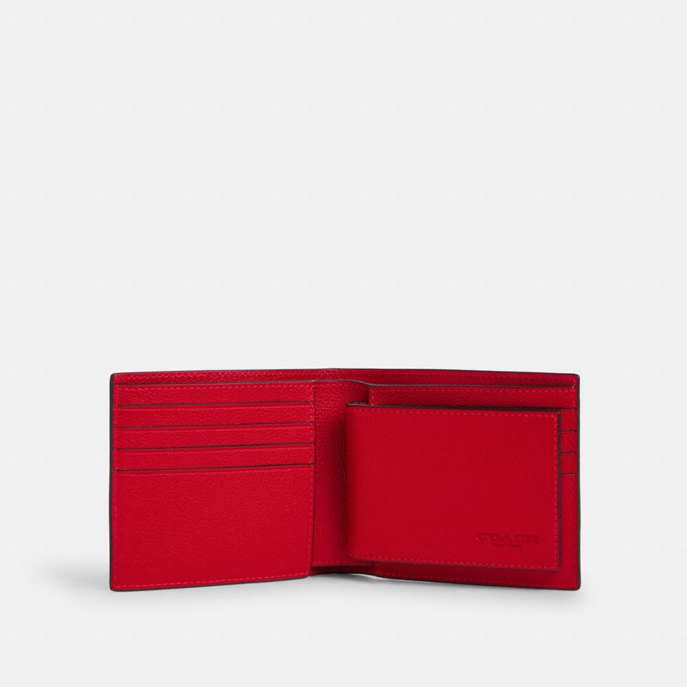 COACH®,Boxed 3 In 1 Wallet Gift Set,Leather,Bi Fold,Lanyard Key Chain,Gunmetal,Casual,Red,Inside View,Top View