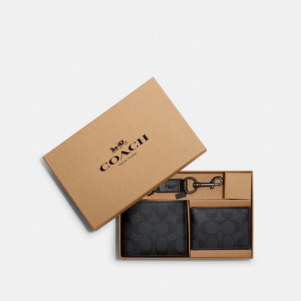 COACH®,BOXED 3-IN-1 WALLET GIFT SET IN SIGNATURE CANVAS,pvc,Mini,Black/Black/Oxblood,Front View
