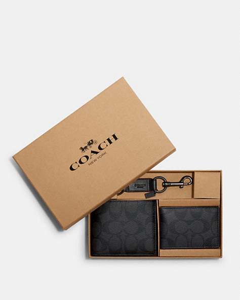 COACH®,BOXED 3-IN-1 WALLET GIFT SET IN SIGNATURE CANVAS,pvc,Mini,Black/Black/Oxblood,Front View