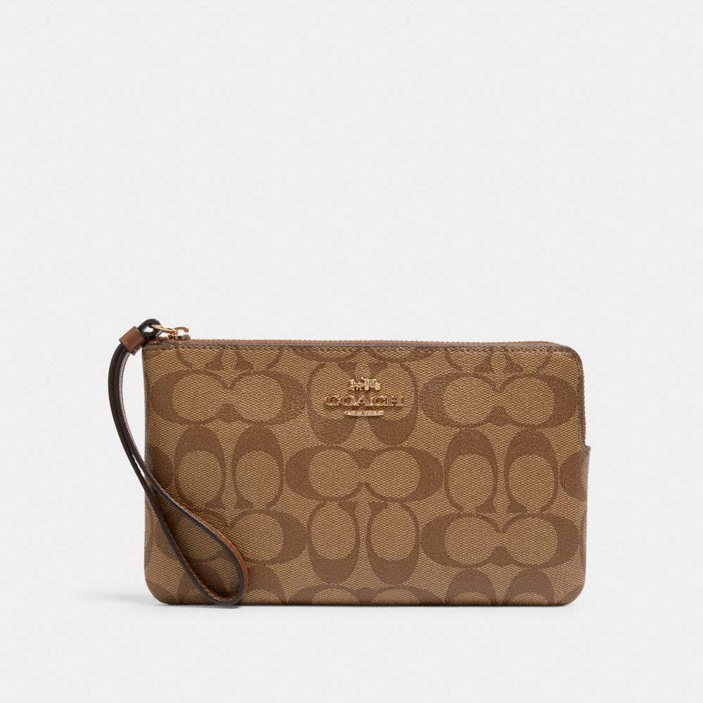 COACH®,LARGE CORNER ZIP WRISTLET IN SIGNATURE CANVAS,Signature Canvas,Mini,Gold/Khaki Saddle 2,Front View