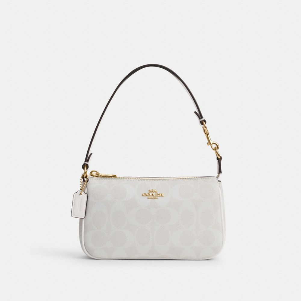 COACH®,NOLITA 19 EN TOILE EXCLUSIVE,Tissu en toile exclusif,Or/Craie/Blanc glacier,Front View