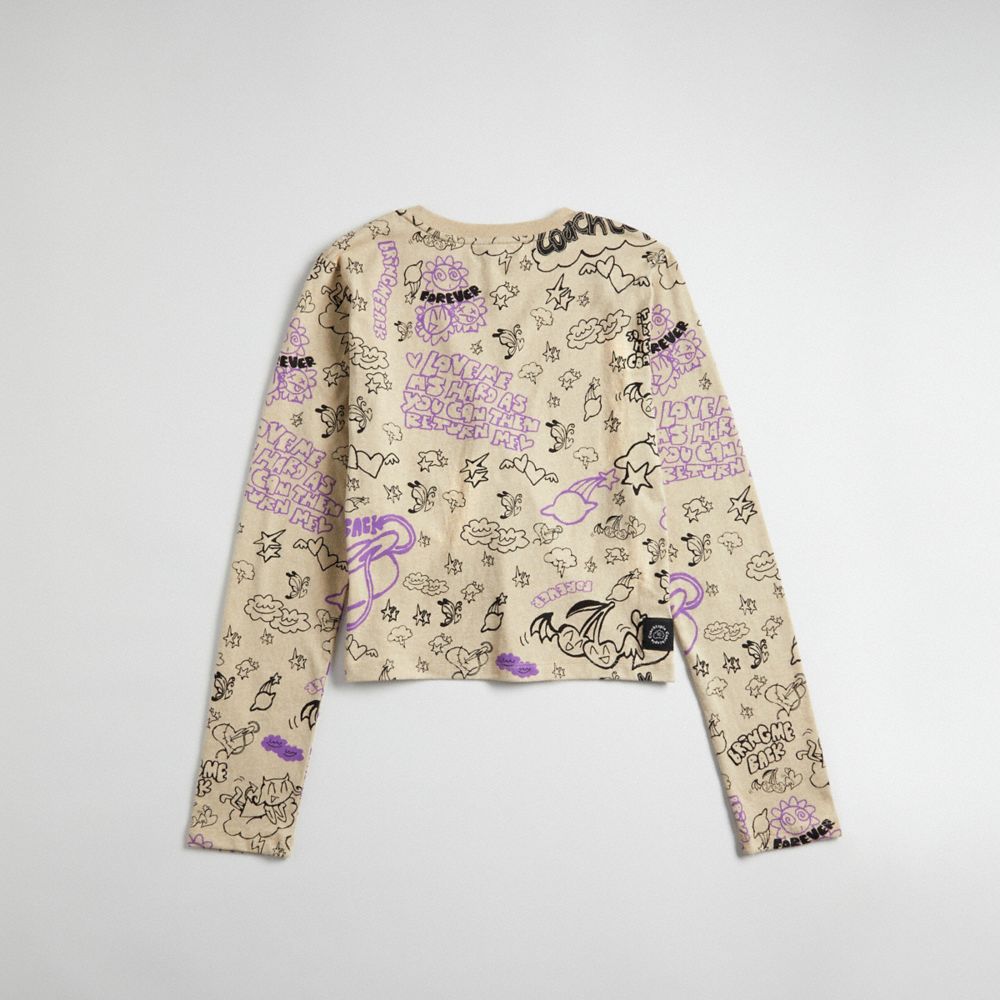 COACH®,Long Sleeve T Shirt With Comic Book Print,Recycled Cotton,Cotton,T Shirt,Word Embellishment,Casual,Beige,Back View