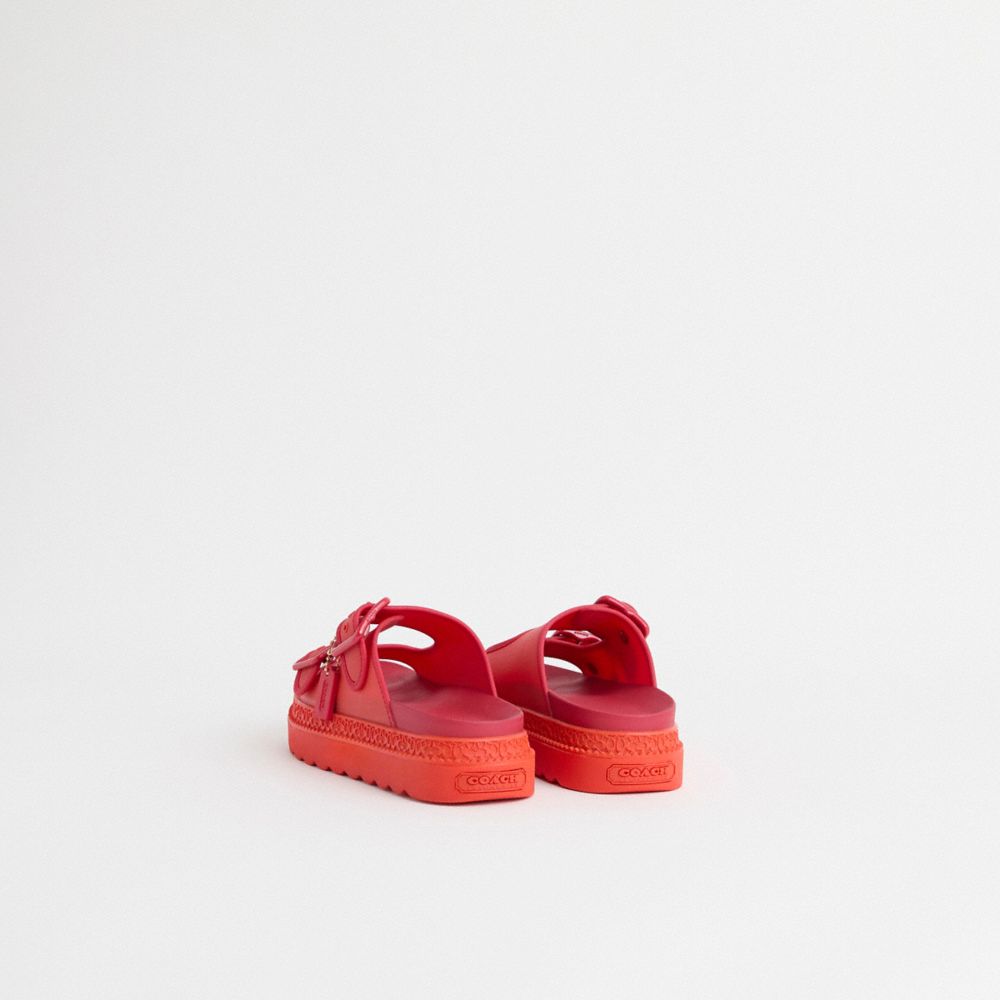 COACH®,Restored Lucy Sandal,Rubber,Slides,Piping,Sustainable,Cushioned,Water Friendly,Pool,Casual,Red,Back View