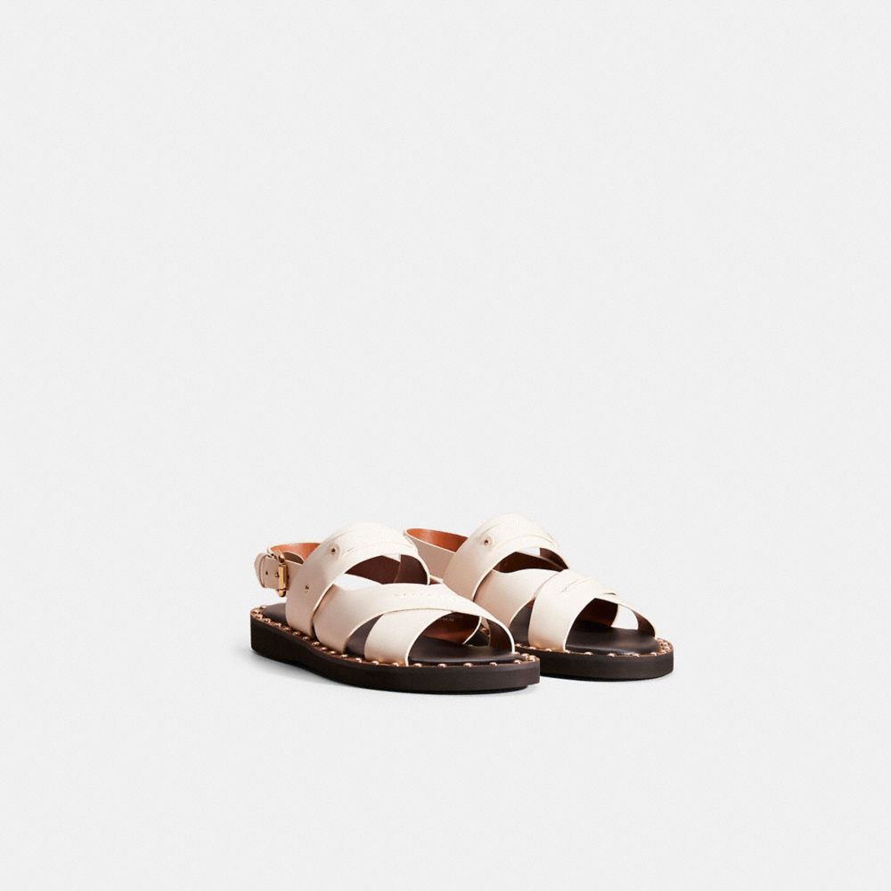 COACH®,Restored Gemma Sandal,Leather,Rubber,Lining Leather,Sandals,Logo,Studded,Casual,Cream,Angle View