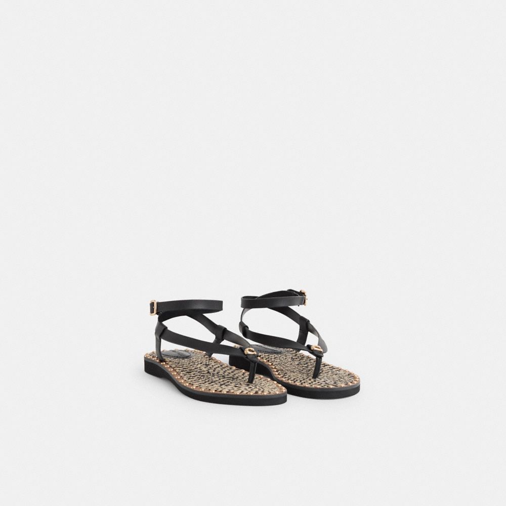 COACH®,Restored Gracey Sandal,Jute,Leather,Rubber,Sandals,Logo,Studded,Metal,Sustainable,Casual,Black,Angle View
