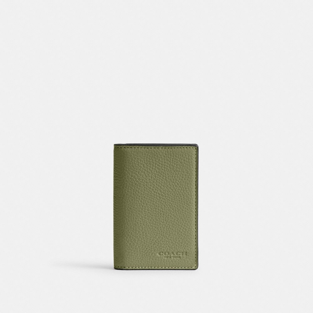 COACH®,BIFOLD CARD CASE,Polished Pebble Leather,Mini,Moss,Front View