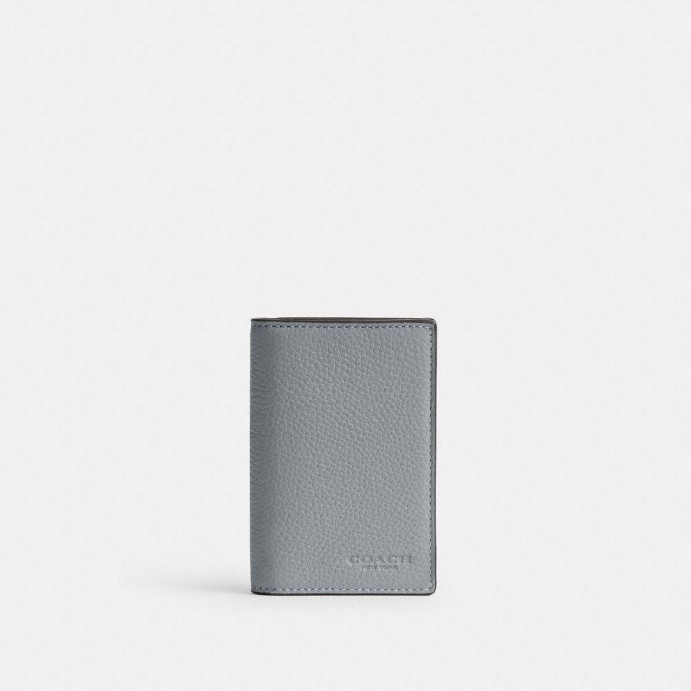 COACH®,BIFOLD CARD CASE,Polished Pebble Leather,Mini,Grey Blue,Front View
