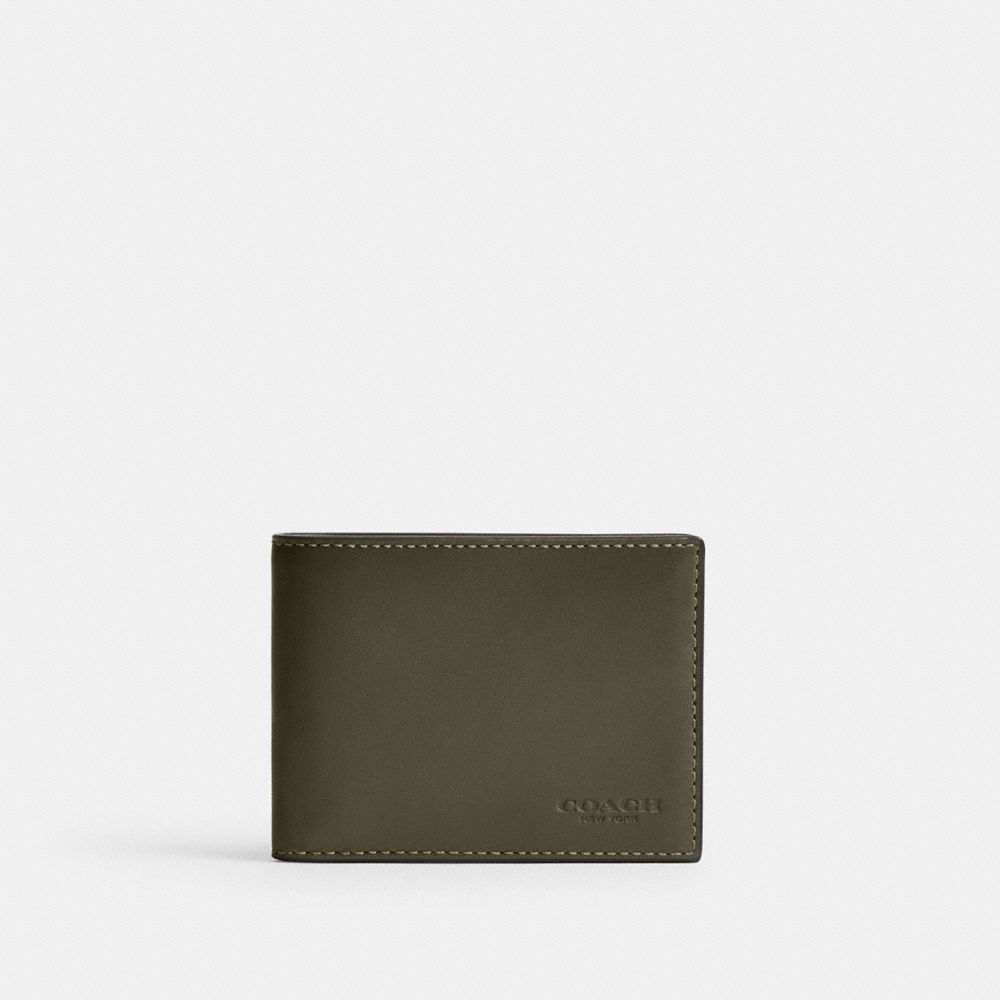 COACH®,SLIM BILLFOLD WALLET,Calf Leather,Mini,Army Green,Front View
