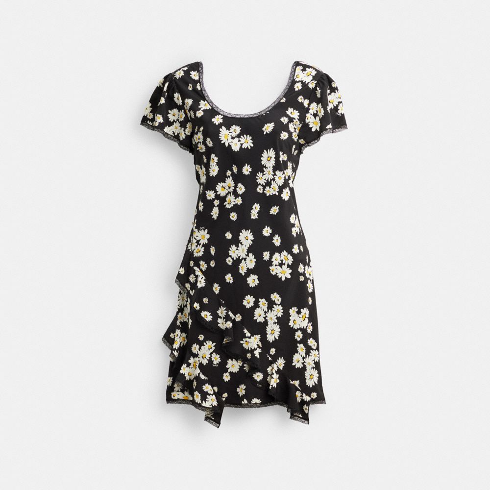 COACH®,FLORAL MINI DRESS,Silk,Black,Front View image number 0