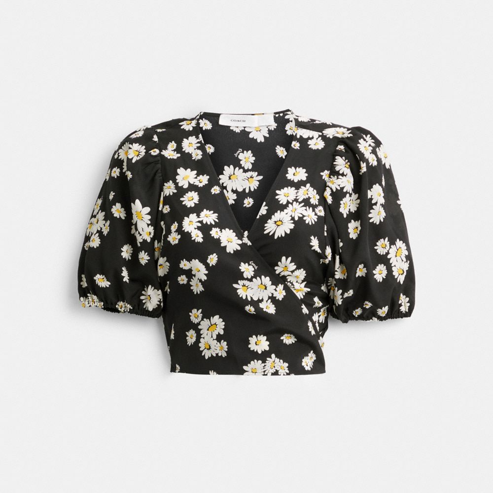 COACH®,FLORAL WRAP BLOUSE,Black,Front View