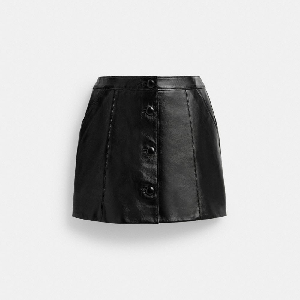 COACH®,PATENT LEATHER MINI SKIRT,Leather,Black,Front View