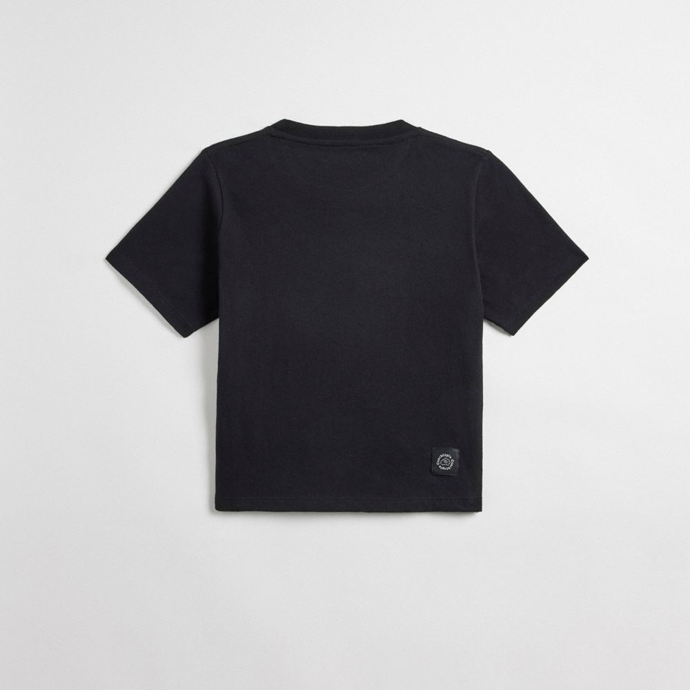 COACH®,Cropped T Shirt With Floating Heart Print,Recycled Cotton,T Shirt,Word Embellishment,Casual,Black,Back View