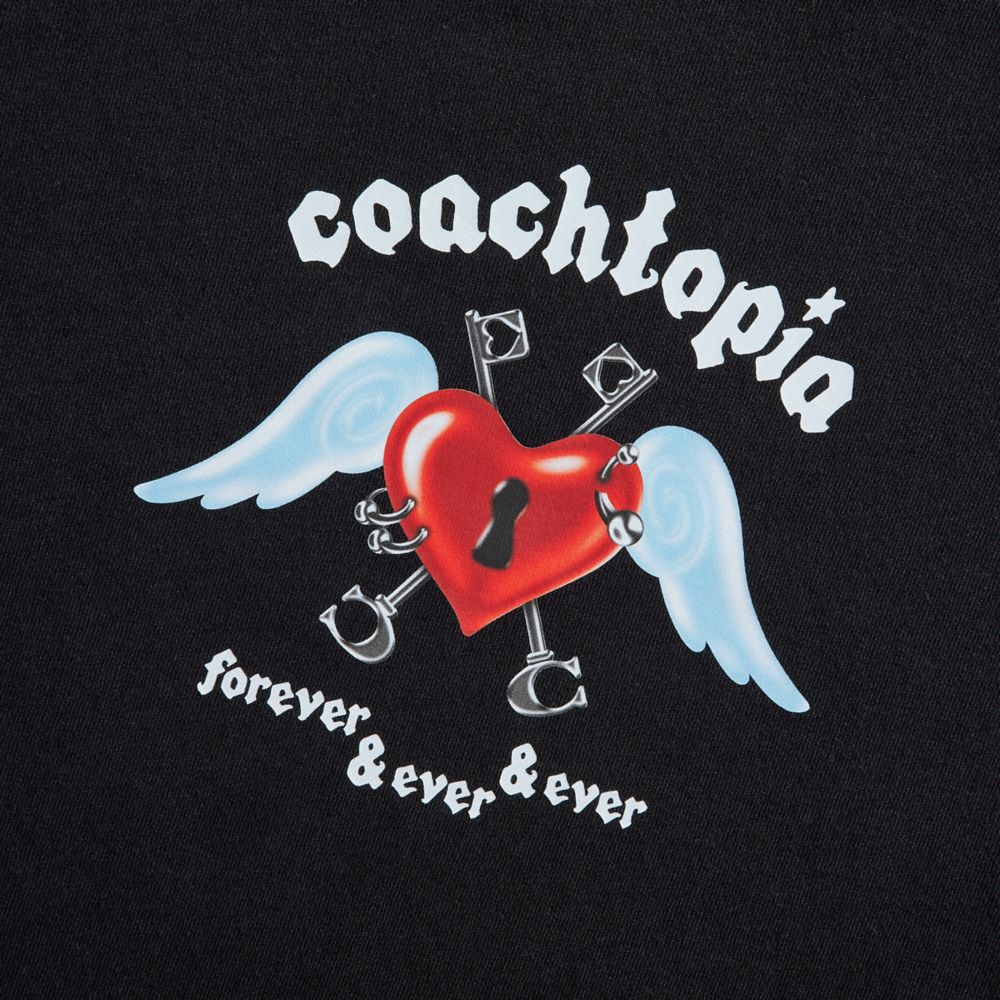 COACH®,Cropped T Shirt With Floating Heart Print,Recycled Cotton,T Shirt,Word Embellishment,Casual,Black,Closer View