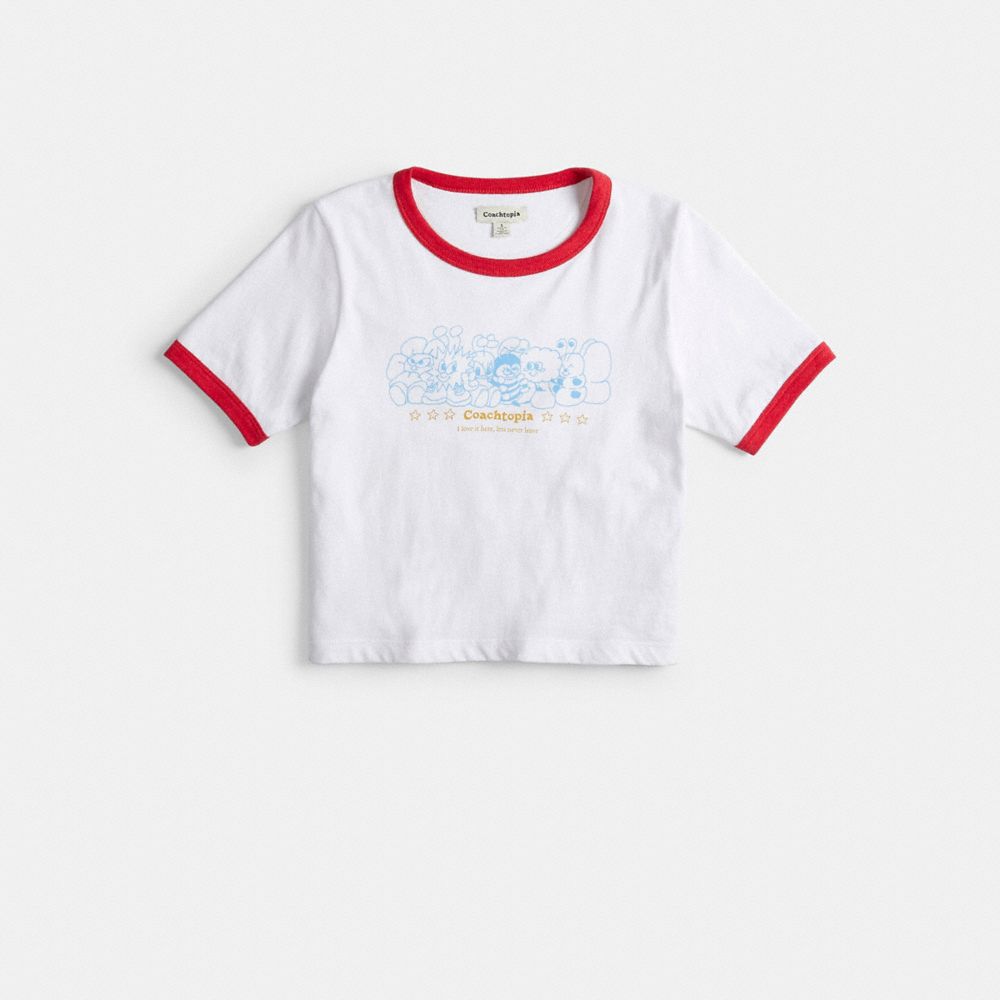 COACH®,Baby T-Shirt in 98% Recycled Cotton: Coachtopia Creatures,98% Recycled Cotton, 2% Recycled Poly,White/Red Multi,Front View