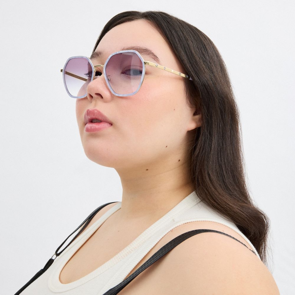 COACH®,Embellished Narrow Metal Hexagon Sunglasses,Hexagon,Logo,Rhinestones,Adjustable Nose Pads,Casual,Multi Color,Angle View