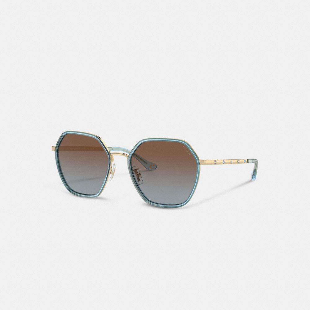 COACH®,EMBELLISHED NARROW METAL HEXAGON SUNGLASSES,Transparent Blue,Front View