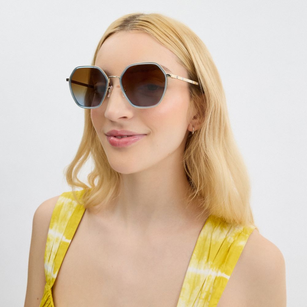 COACH®,Embellished Narrow Metal Hexagon Sunglasses,Hexagon,Logo,Rhinestones,Adjustable Nose Pads,Casual,Multi Color,Angle View