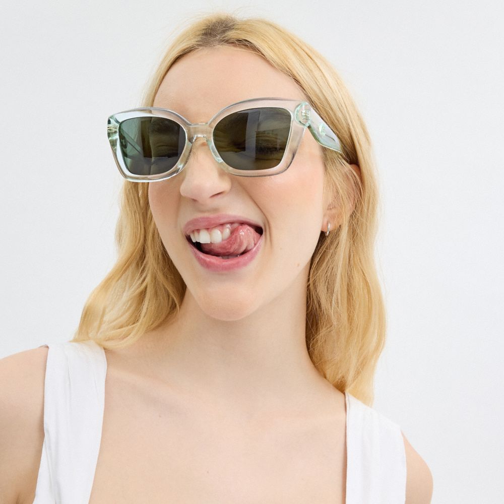 COACH®,JELLY TABBY SQUARE CAT EYE SUNGLASSES,Transparent Green,Angle View