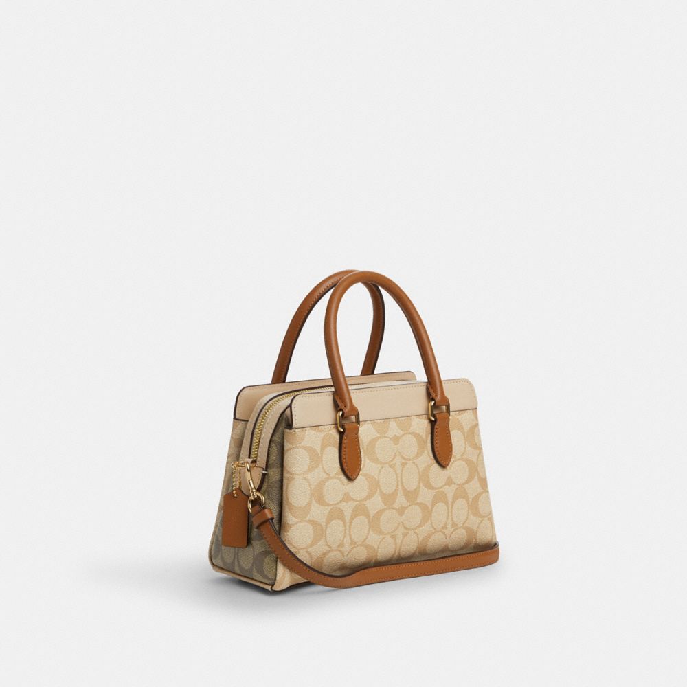 COACH®,MINI DARCIE CARRYALL BAG IN BLOCKED SIGNATURE CANVAS,Signature Canvas,Medium,Im/Light Khaki/Khaki Multi,Angle View