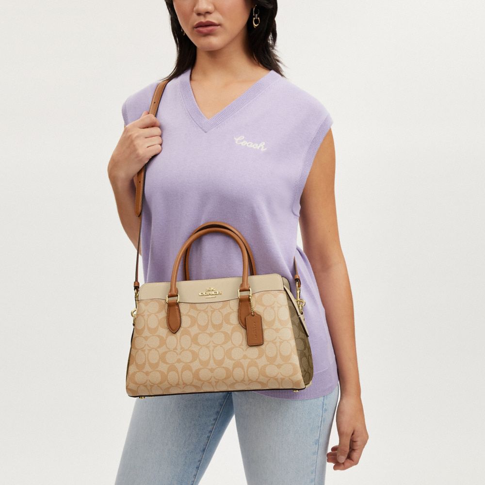 COACH®,Darcie Carryall Bag In Blocked Signature Canvas,Canvas,Leather,Satchel,Logo,Color Block,Work,Beige,Detail View