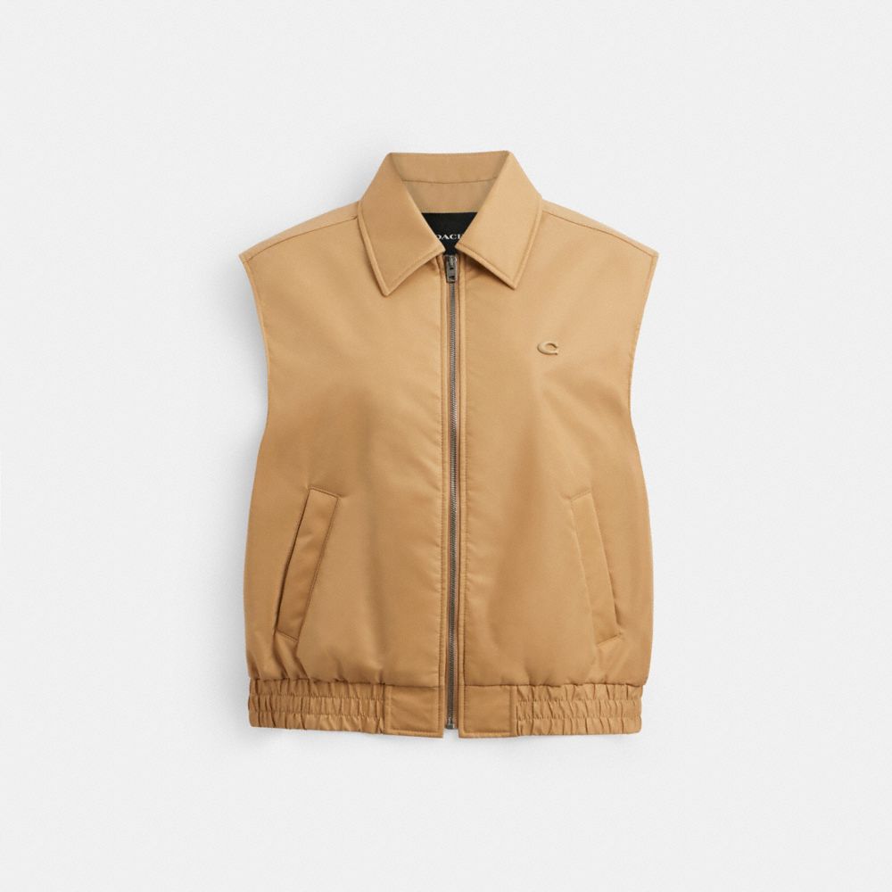 COACH®,CROPPED VEST IN RECYCLED NYLON,Khaki,Front View
