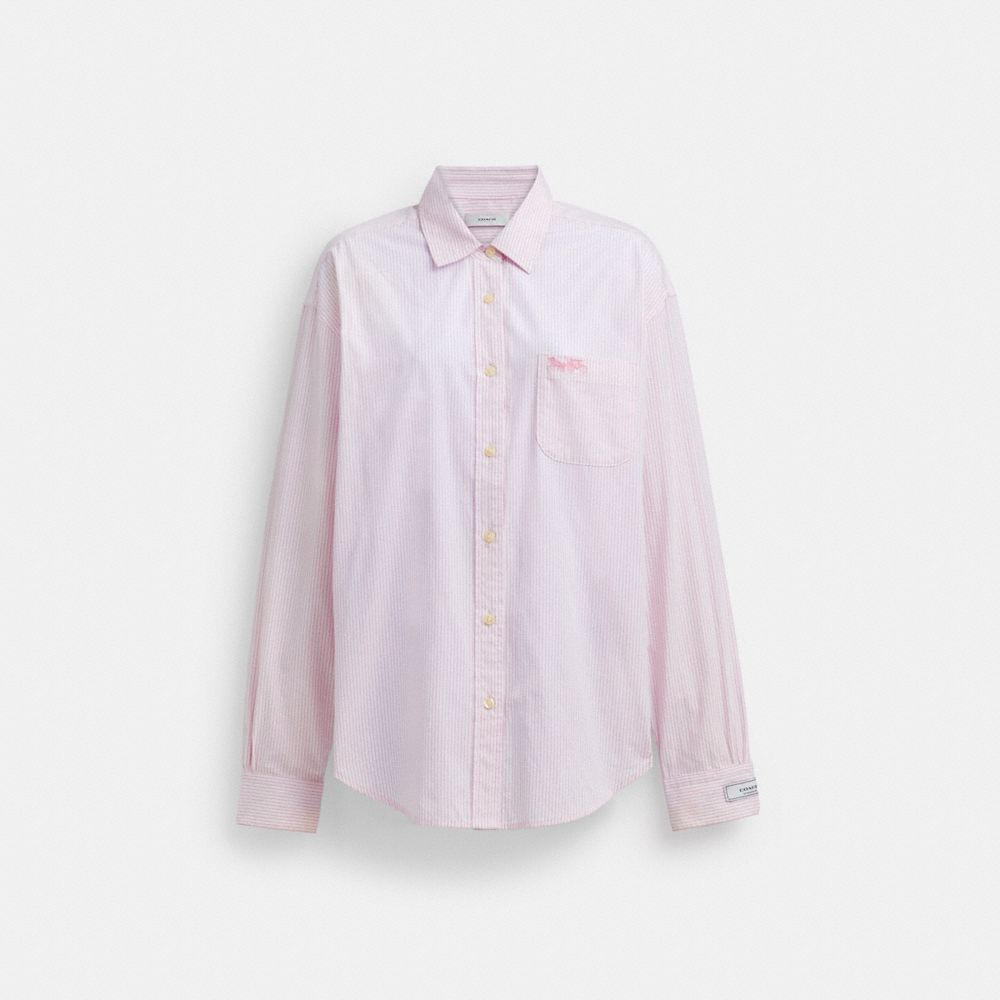 COACH®,STRIPED BUTTON DOWN SHIRT IN ORGANIC COTTON,Organic Cotton,Pink/White,Front View