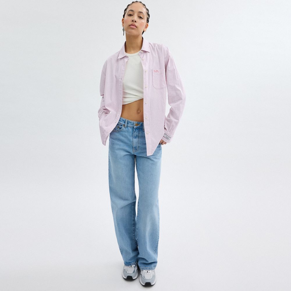 COACH®,Striped Button Down Shirt In Organic Cotton,Cotton,Button Down,Logo,Embroidered,Work,Pink,Scale View