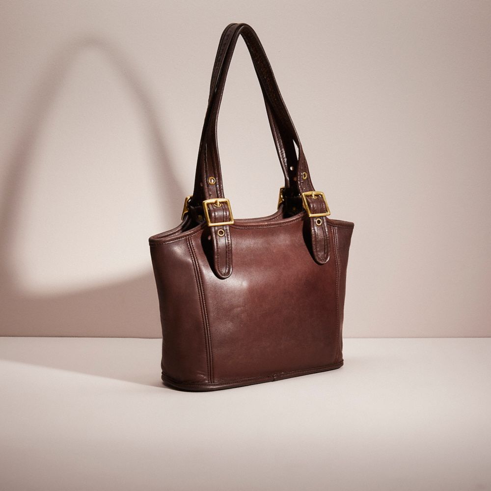 COACH®,Vintage Classic Legacy Small Shopper,Leather,Tote,Logo,Tag Embellishment,Gold Metal,Casual,Work,Brown,Angle View
