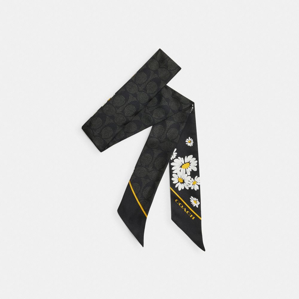 COACH®,SIGNATURE DAISY CLUSTER PRINT SILK SKINNY SCARF,Black/Chalk,Front View