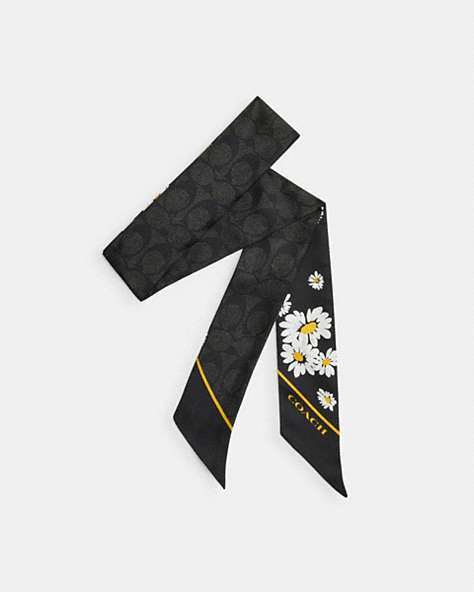 COACH®,SIGNATURE DAISY CLUSTER PRINT SILK SKINNY SCARF,Black/Chalk,Front View