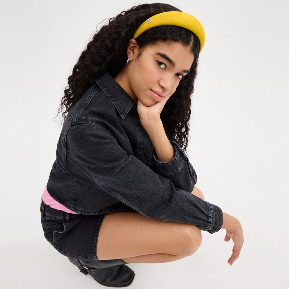 COACH®,Leather Headband,Leather,Headband,Metal,Logo,Casual,Yellow,Detail View