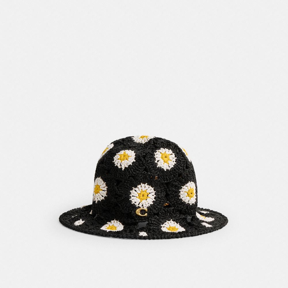 COACH®,DAISY CROCHET BUCKET HAT,Black/Chalk,Front View