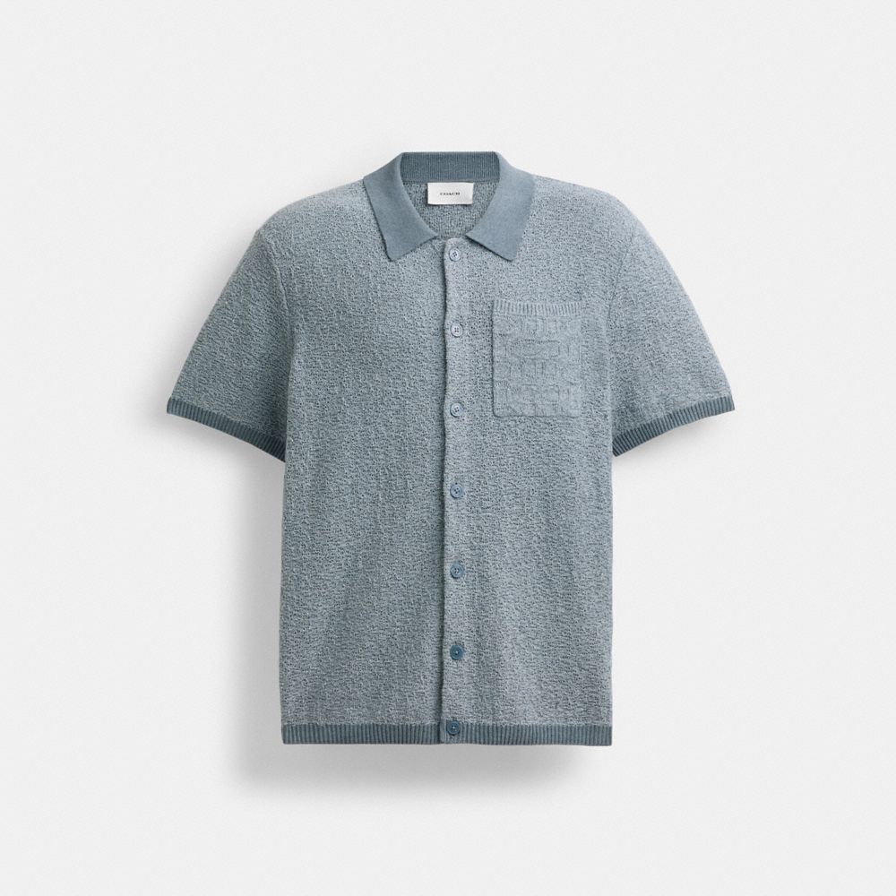 COACH®,Sweater Polo,Cotton,Polyamide,Spandex,Button Down,Piping,Casual,Gray,Front View