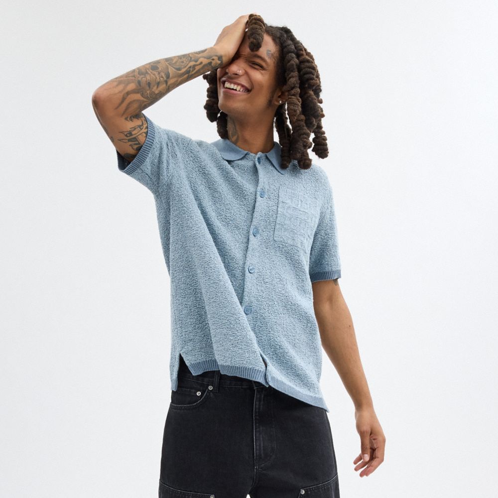COACH®,Sweater Polo,Cotton,Polyamide,Spandex,Button Down,Piping,Casual,Gray,Scale View