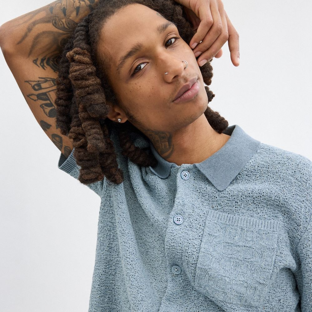 COACH®,Sweater Polo,Cotton,Polyamide,Spandex,Button Down,Piping,Casual,Gray,Detail View
