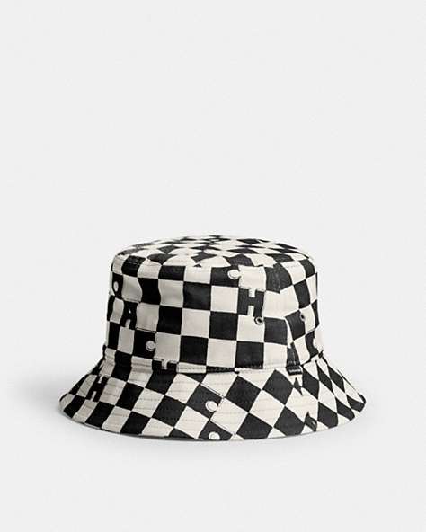 COACH®,CHECKERBOARD PRINT BUCKET HAT,Cream & Black,Front View