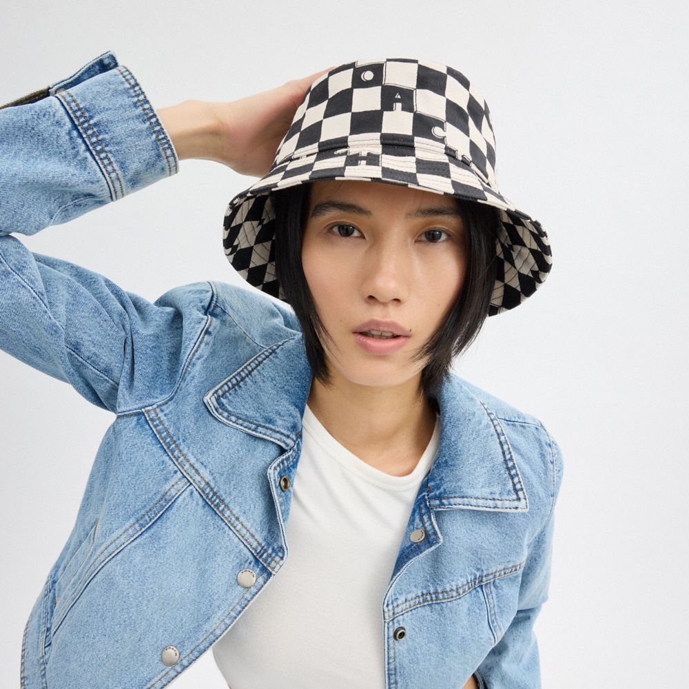 COACH®,CHECKERBOARD PRINT BUCKET HAT,Cream & Black,Angle View